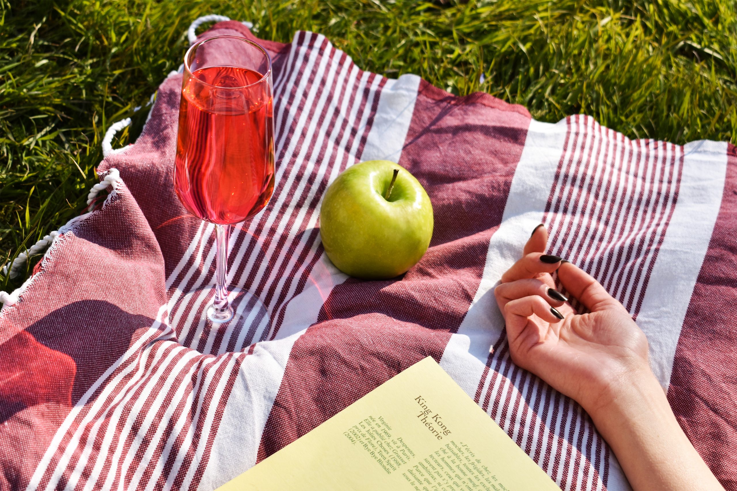 Photographie pique-nique champêtre pomme verre reflets livre et main